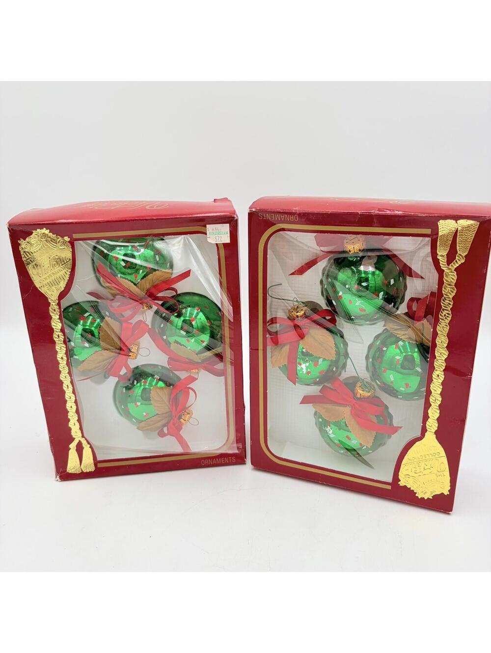VICTORIA COLLECTION Glass Christmas Ball Ornaments Green Red Set of 8 Boxed